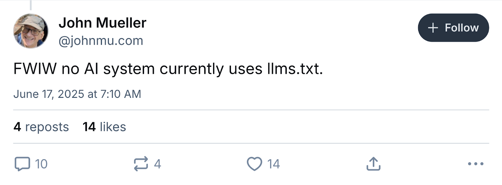 Le message indique : « Pour info, aucun système d'IA n'utilise actuellement llms.txt. »