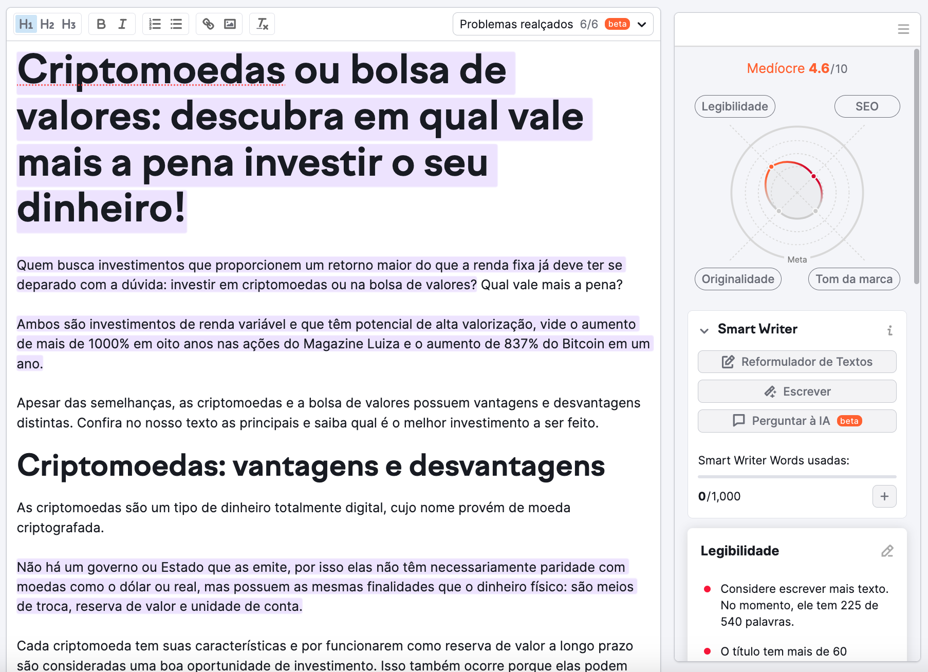 escrevendo sobre criptomoedas no SEO Writing Assistant da Semrush